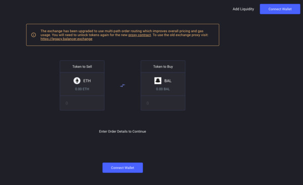 Balancer select liquidity screen shot.